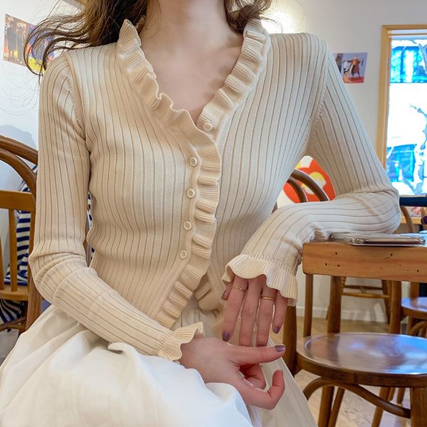 

2021 new knitted v-neck solid butterfly womens autumn sweater casual long sleeve slim women cardigan stylish p7bc, White;black