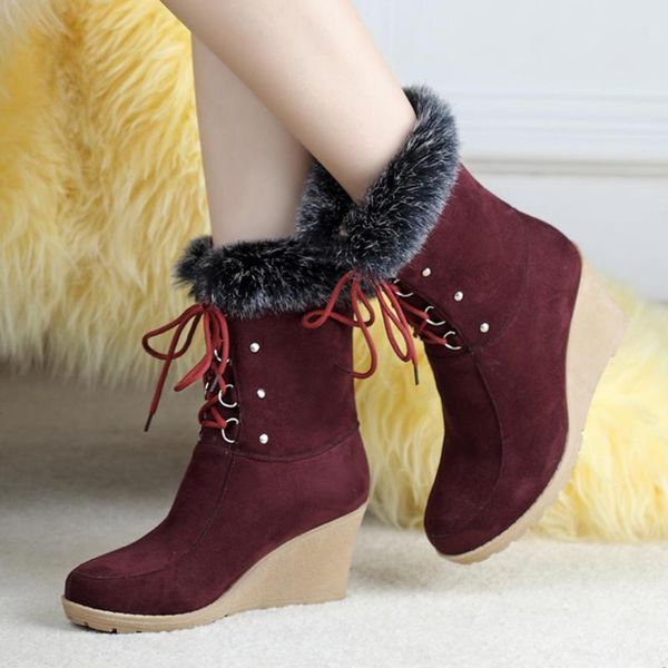 

boots big size 43 wedges high heels shoelaces keep warm plush for winter fur women shoes snow, Black