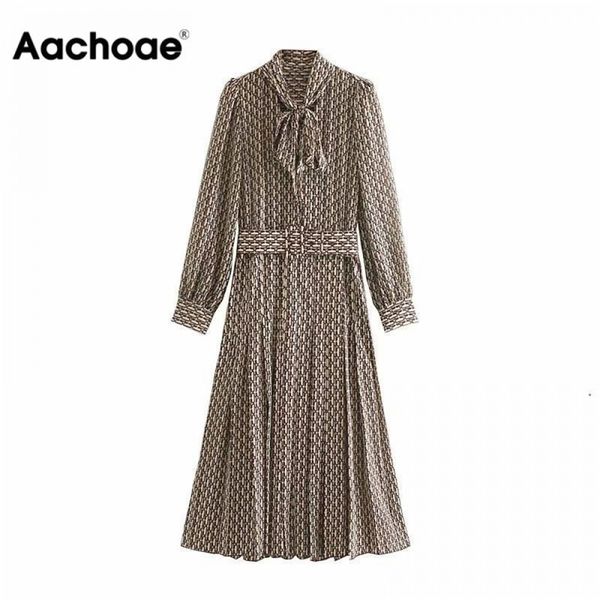 

aachoae women elegant long dress with belt chain print bow tie neck office lady shirt dress long sleeve pleated dress vestidos 210316, Black;gray