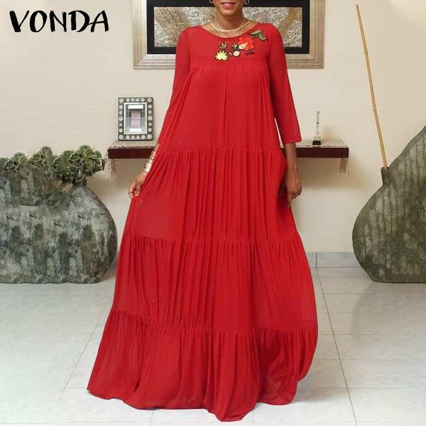 

casual dresses vonda women long dress summer floral embroidery printed bohemian vestidos loose beach sundress plus size robe 5xl, Black;gray
