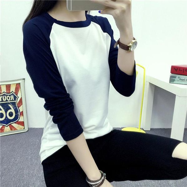 

women's t-shirt plus size women 2021 autumn long sleeve color block tees patchwork fall multicolor o neck basic vetement femme, White