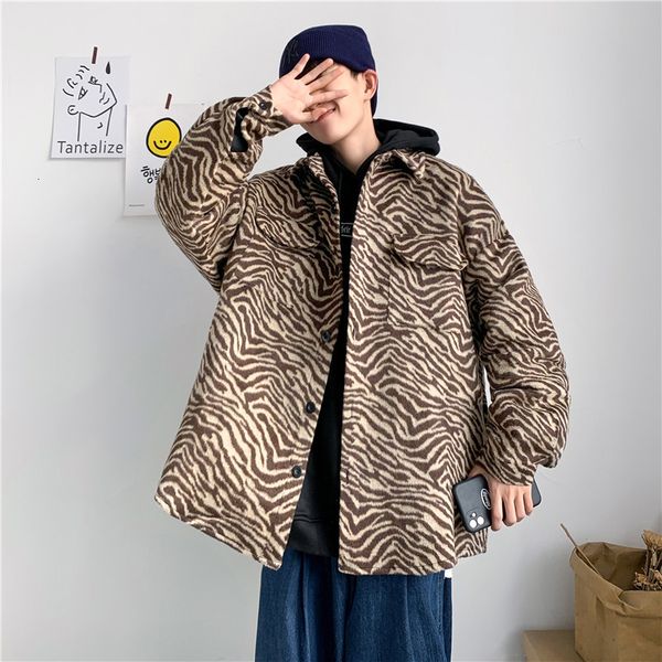

men's jackets wool blend coats zebra striped fashion cool coat male loose casual thicken high street streetwear retro clothing ast, Black;brown