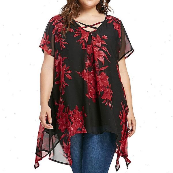 

plus size 5xl 2019 womens and blouses chiffon tunic cross floral print short sleeve long shirts loose casual women clothes, White