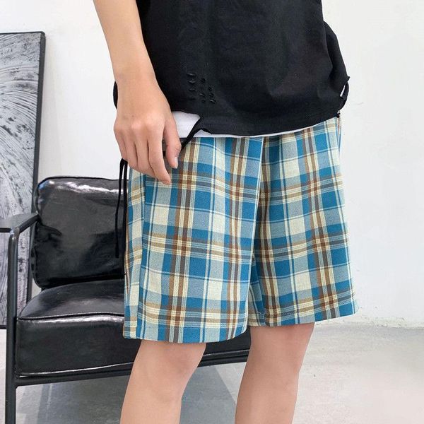 

men's shorts summer cotton plaid fashion retro casual men streetwear korean loose straight wide-leg mens s-2xl, White;black