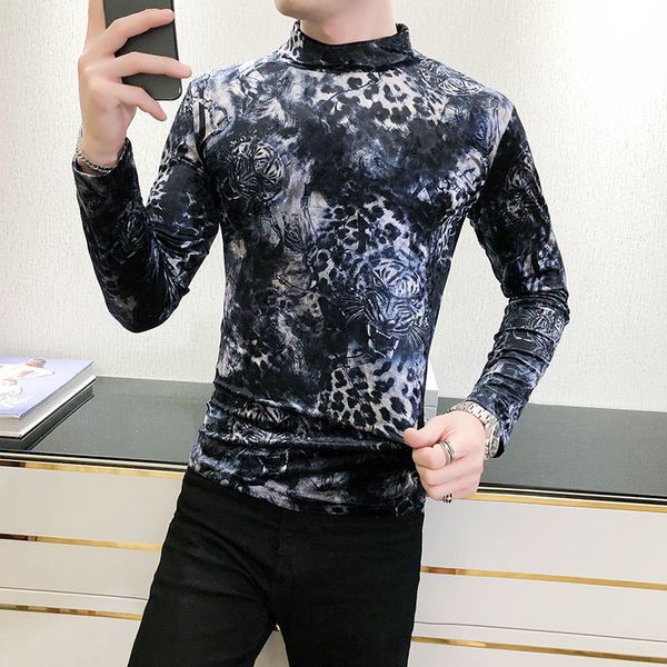 

2021 new tiger head print homme club outfit slim fit long sleeve gray blue autumn luxury veet t shirt men qflo, White;black