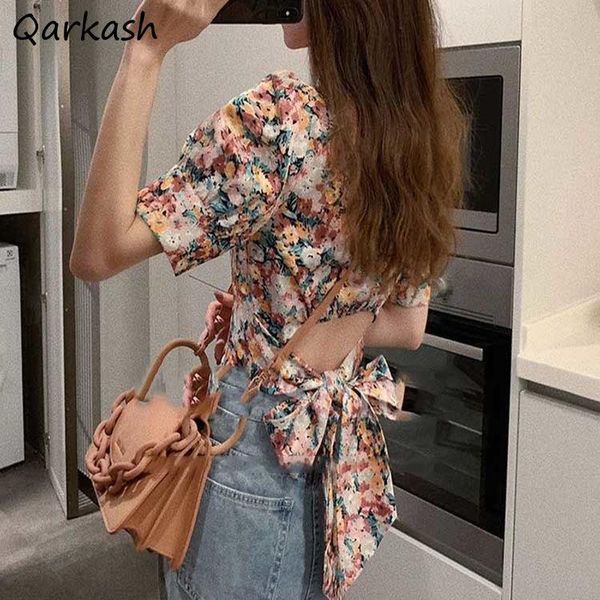 

women's blouses & shirts women summer romantic retro chic female floral aesthetic charm crops blusas holiday french style simple back-b, White