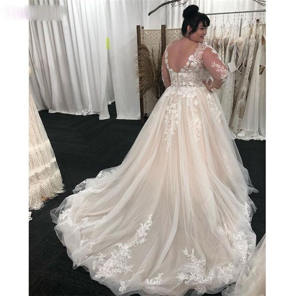 

champagne 2021 new plus size v-neck wedding es sheer full sleeves lace appliques a line tulle long bridal gowns robe de mariee xkjk, White