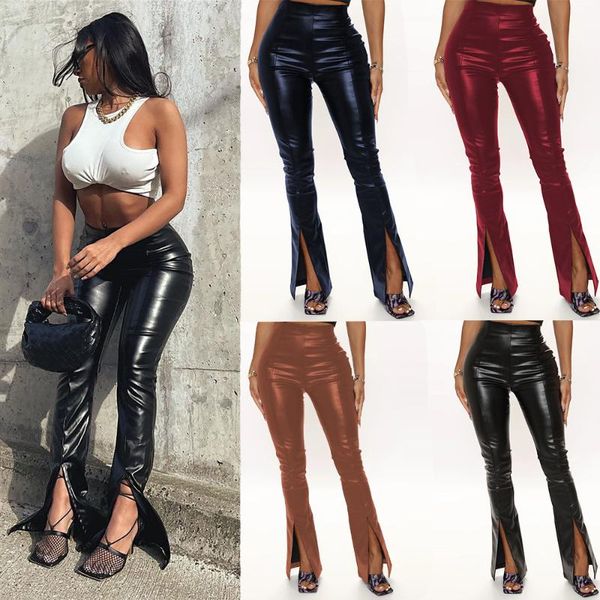 

women's leggings pu leather pants 2021 fall streets style ladies high waist stretch flared women split trousers plus size xxxl, Black