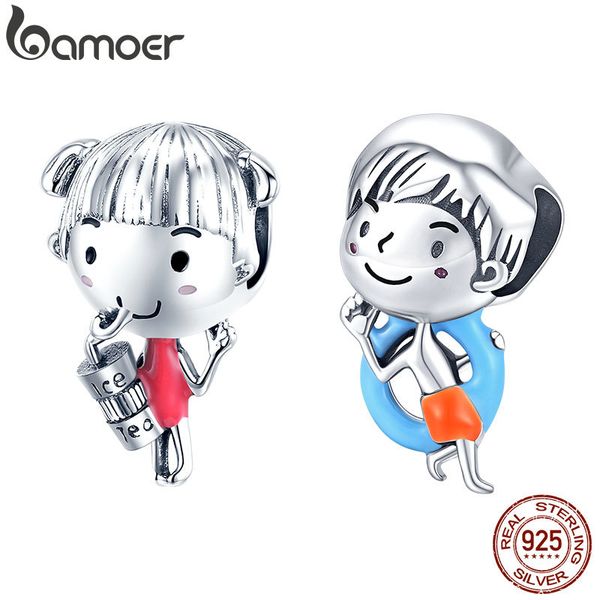 

bamoer summer holiday enamel series girl and boy charm genuine 925 sterling silver charm for original silver braelet scc1525 q0531, Black