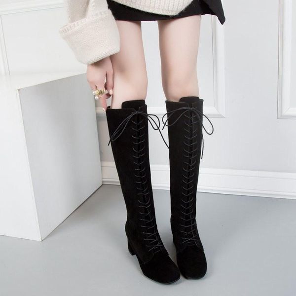 

boots 2021 black women shoes knee high casual vintage retro mid-calf lace up thick heels