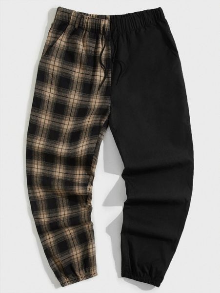 

romwe guys contrast plaid drawstring pants b5iv#, Black