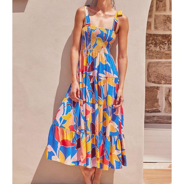 

casual dresses holiday floral print boho summer dress women spaghetti strap long party vestidos sundress lace-up chic 2021, Black;gray