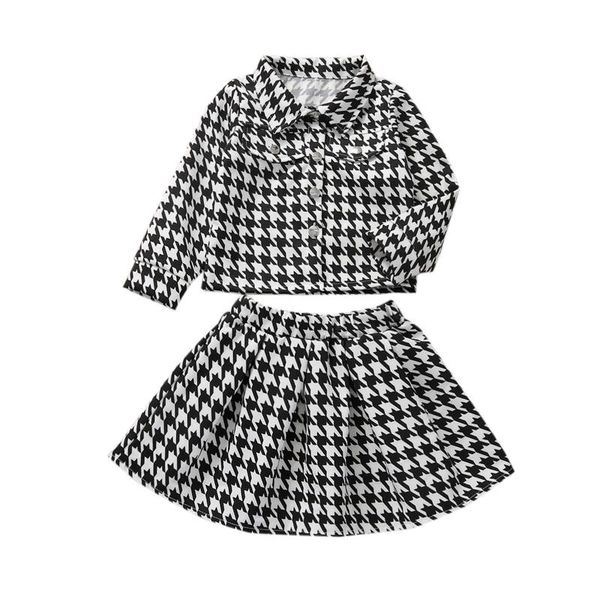

clothing sets 1-6y kids baby girls clothes 2021 autumn houndstooth long sleeve lapel shirts coats + a-line mini skirt fashion 2pcs, White