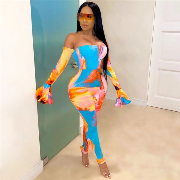 

tie dye print off shoulder flare sleeve rompers womens jumpsuit strapless bodycon one piece party clubwear, Black;white