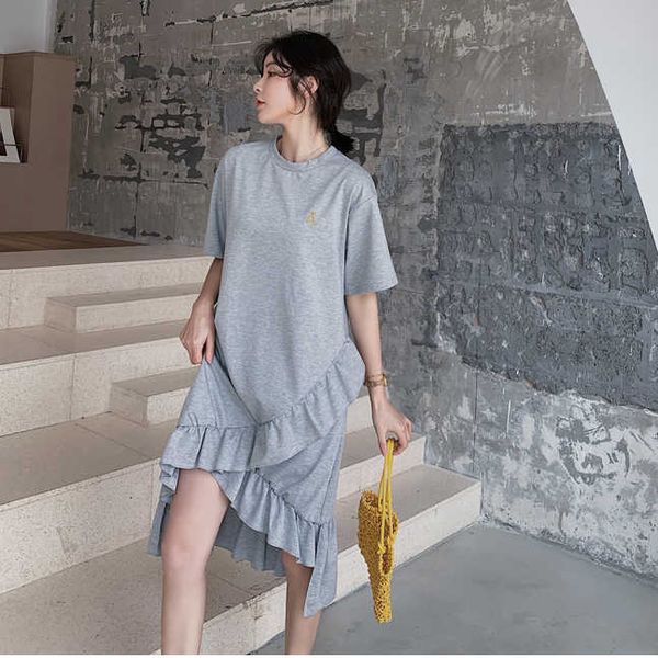 

letter embroidery dress women summer short sleeve o neck t shirt dresses casual loose gray women long ruffles dress female, Black;gray