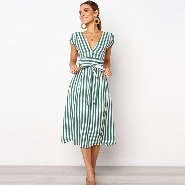 

lossky summer women stripe long dress deep v-neck elegant ladies dresses womens clothing midi dress for women casual 210309, Black;gray