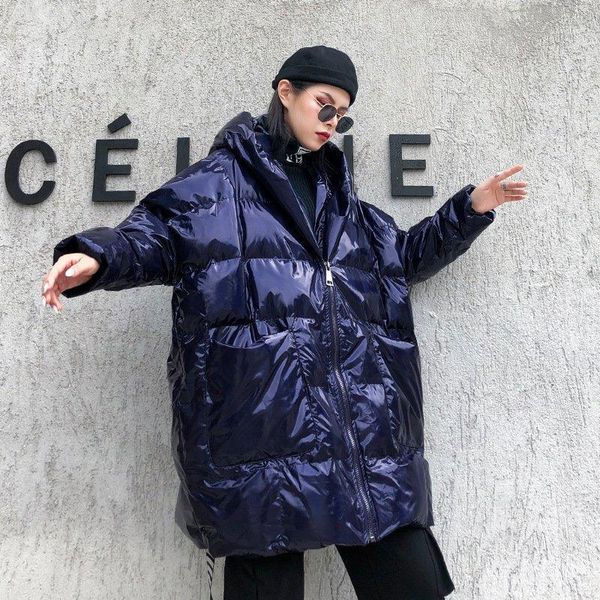 

winter street style glossy fabric thick warm cotton coat oversized hooded female waterproof f4401, Black
