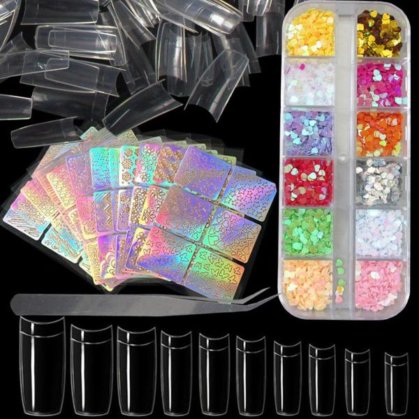 

nail art kits coffin stiletto acrylic fake tips kit holographic glitter sequins rhinestone for nails design manicure decoration