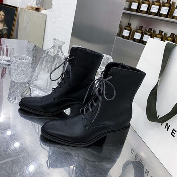 

boots winter cross-tied chunky heels black riding women round toe slim motorcycle short botas mujer handsome femme ankle botines