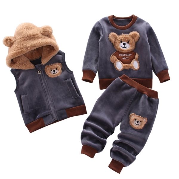 Kinderkleidung 2021 Winter Neue Mädchen Kleidung Anzug für Jungen 3PS Kinder Kleidung Verdickte Kaschmir Hut Cartoon Bär Sport Set 210309