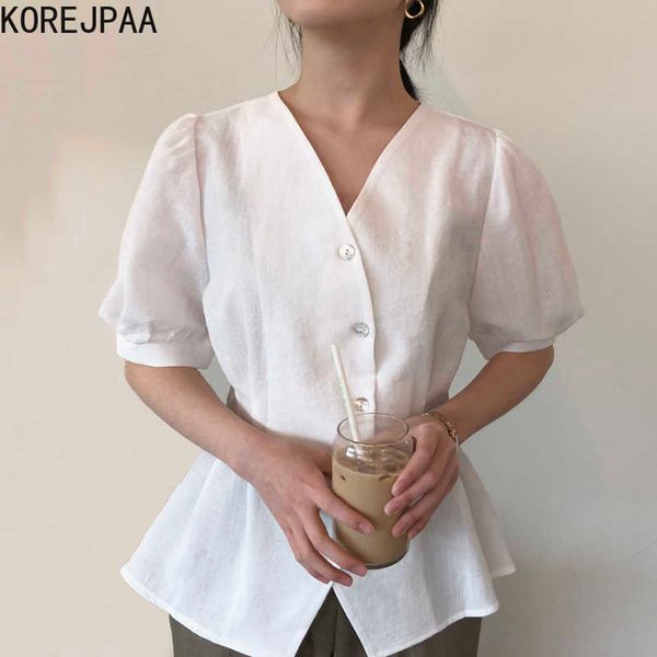 

korejpaa women shirt summer temperament all-match v-neck pleated slimming single-breasted solid color puff sleeve blouses 210526, White