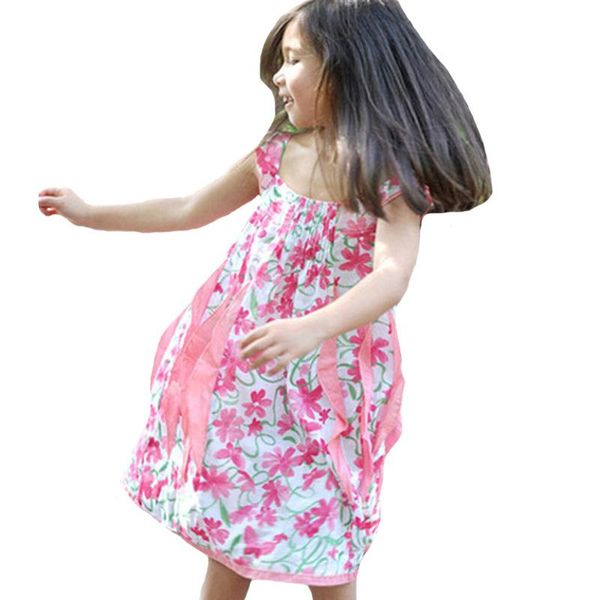 

girl's dresses summer style girls dress sleeveless butterfly floral printed kids princess fashion casual beach girl clothes, Red;yellow