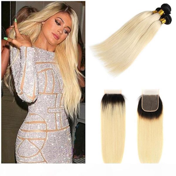 

brazilian honey blonde virgin human hair 3 bundles with closure 1b 613# straight hair weaves ombre human hair extensions closure, Black;brown