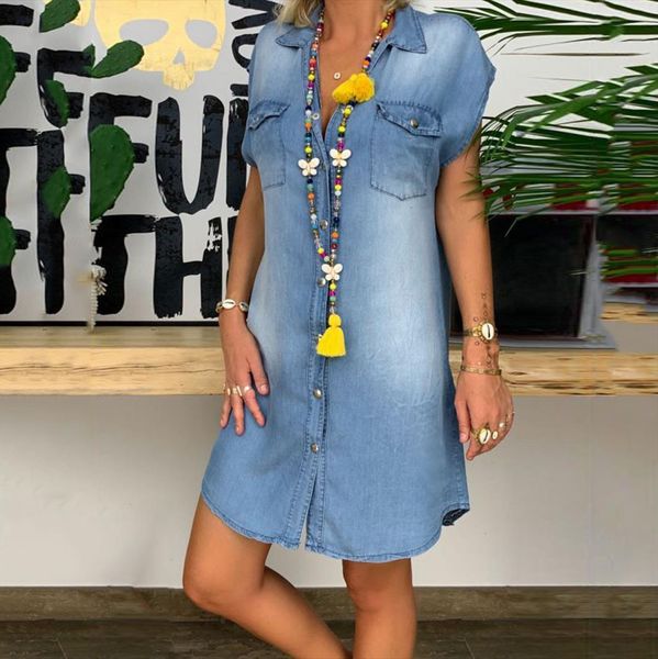 

25 fashion summer casual jeans women tracksuits dress short sleeve solid sundress turn down collar mini party ol, Gray