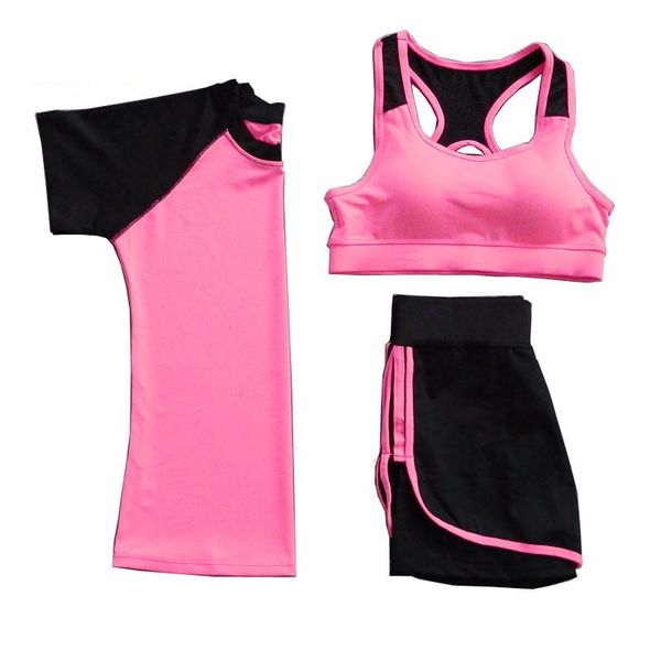 

summer sports running fitness yoga suit female quick dry t-shirt bra shockproof false two shorts three piece set, White;red
