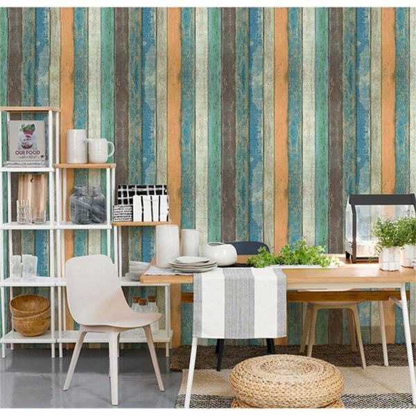 

window stickers mediterranean vertical stripes self-adhesive wood grain wallpaper retro nostalgic board living room background wall sticker