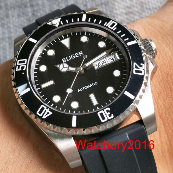 

wristwatches bliger 40mm black dial steel case weekday calendar date 24 jewels nh36a sub automatic men watch sapphire glass rubber strap, Slivery;brown