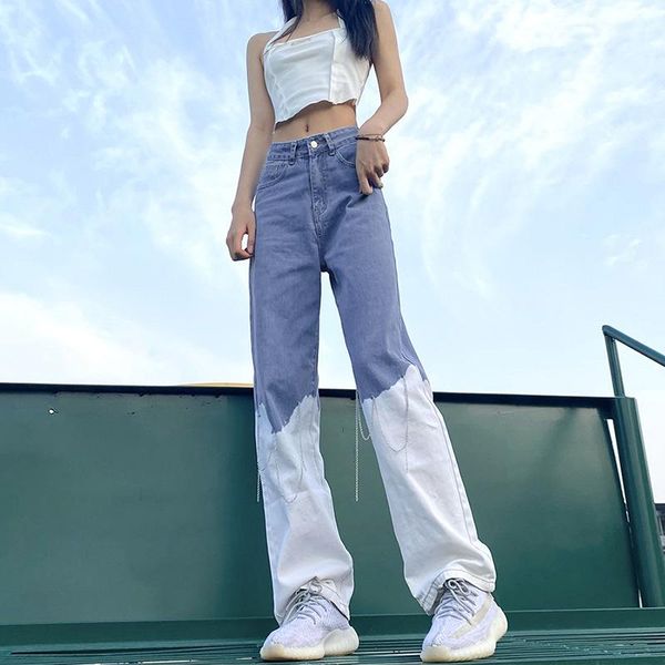 

women's jeans women boyfriend wide leg jeans, high waist color block loose denim pants with metal chain, blue and white stitching