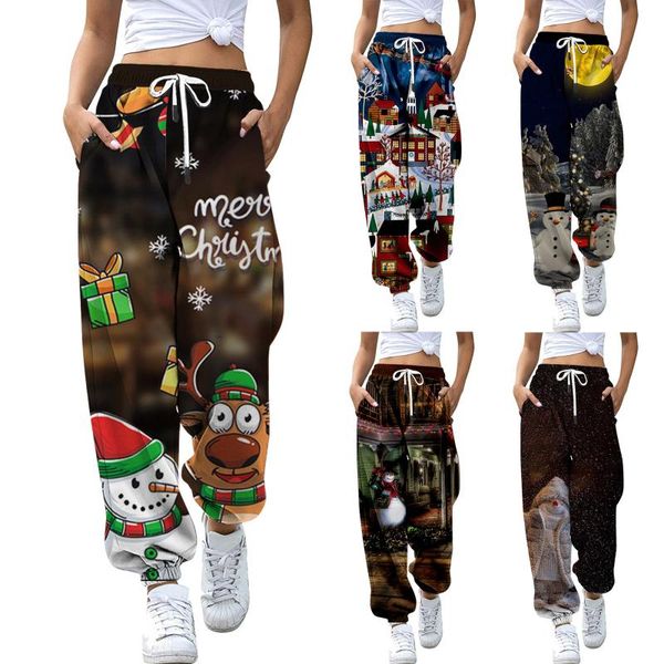 

women's pants & capris women christmas pattern harajuku joggers wide leg sweatpants trousers high waist pockets streetwear casual pant, Black;white
