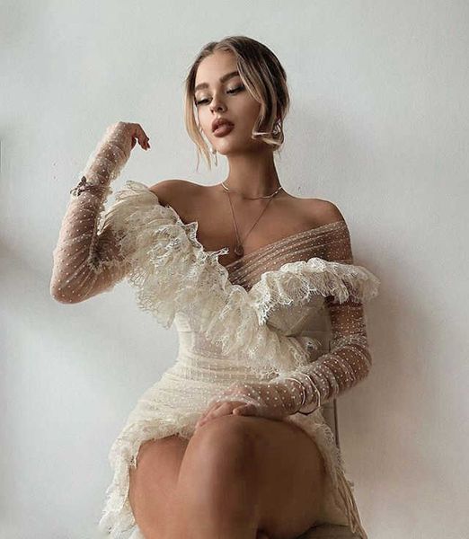 Kış Kadın Seksi Dantel Örgü Tam LEEVE Kapalı Omuz Desinger Elbise Bayanlar Zarif Bodycon Parti Vestido 210527