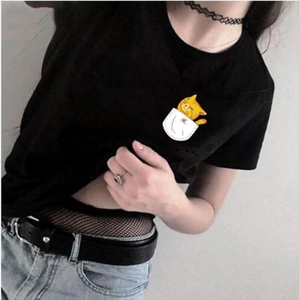 

pocket cat print short sleeve womens o neck loose summer tee camisetas, White