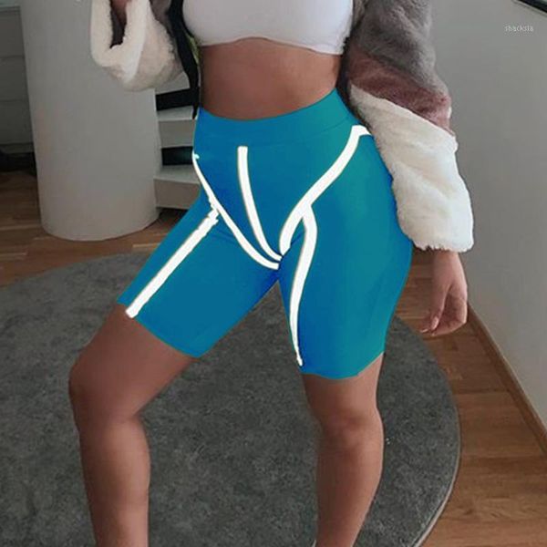 

women's shorts women reflective stripe biker bike elastic luminous summer short femme stretch spliced high waist feminino, White;black