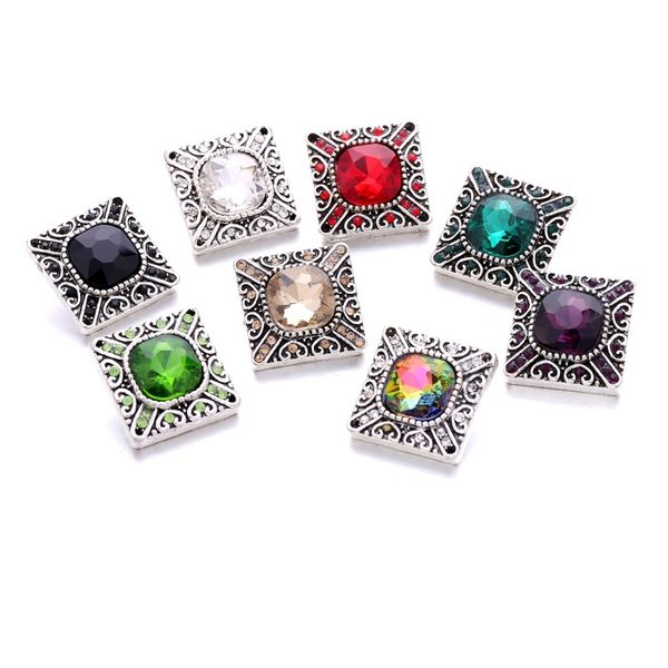 Atacado Moda Square Strass Ginger Snap Button Clasp Flowing Jóias Finding Mulheres Homens Vermelho Azul Rosa Zircão Encantos 18mm Metal Snaps Fábrica Fornecedor