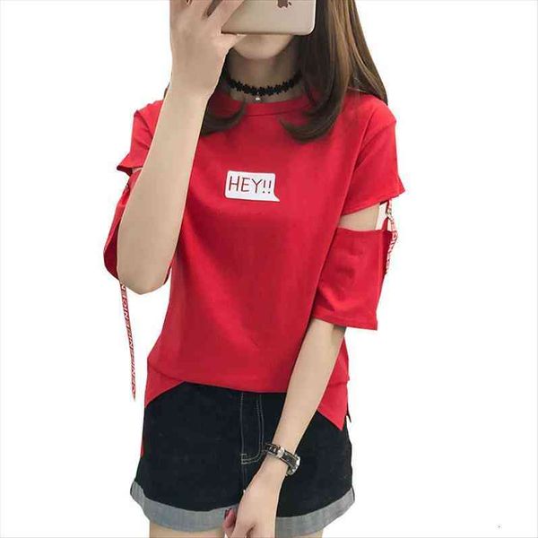 

summer korean harajuku letters women t shirt printed hollow patchwork casual white
