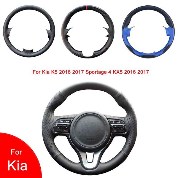 

steering wheel covers breathable punch hand-stitched black artificial leather car cover for kia k5 2021 sportage 4 kx5