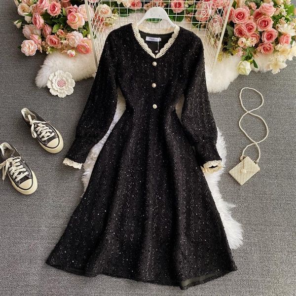 

casual dresses red lace v-neck french style temperament lantern long sleeve a-line base dress 2021 autumn mid-length female, Black;gray