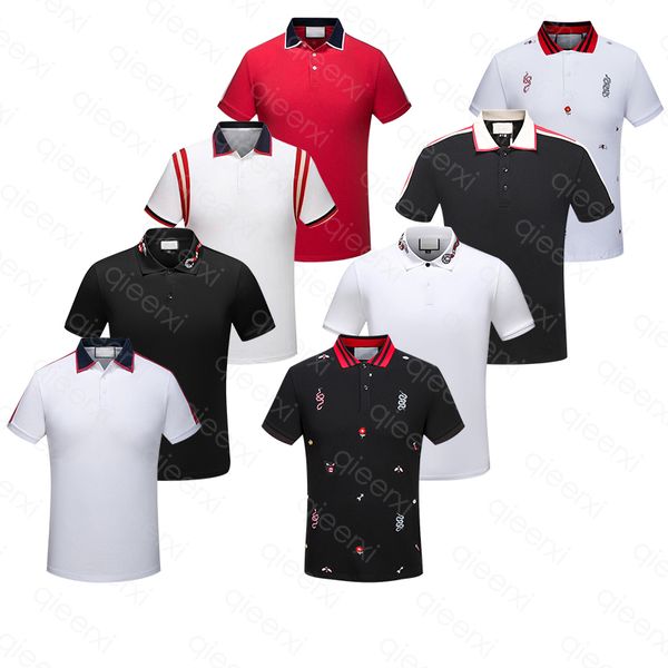 

mens polos shirt summer stripe t shirts snake bee floral embroidery short sleeve elastic and breathable t-shirt high street horse asian size, White;black