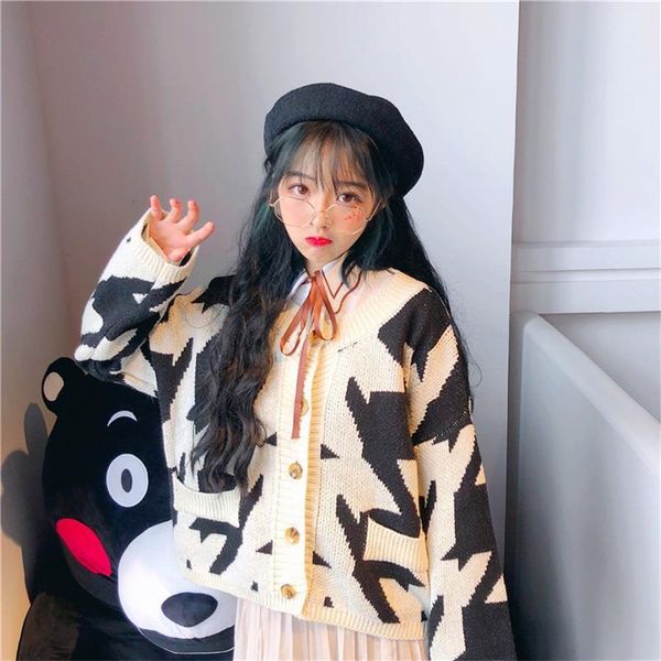 

women's sweaters casual loose geometric print sweater knitting lady cute kawaii female vintage harajuku ulzzang jumper for women, White;black