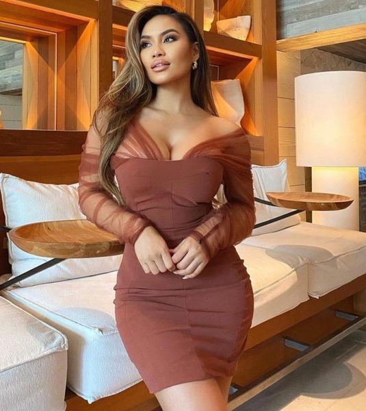 

designer crocheted ruched bandage winter 2021 elegant brown ladies off the shoulder bodycon dress party y0gd, Black;gray