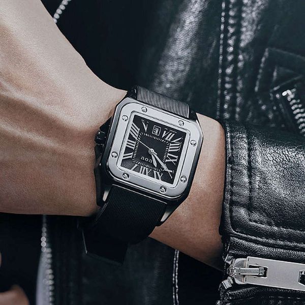 

simple guou fashion personality men's trend durable watch silicone strap calendar square sports men's watch, Slivery;brown