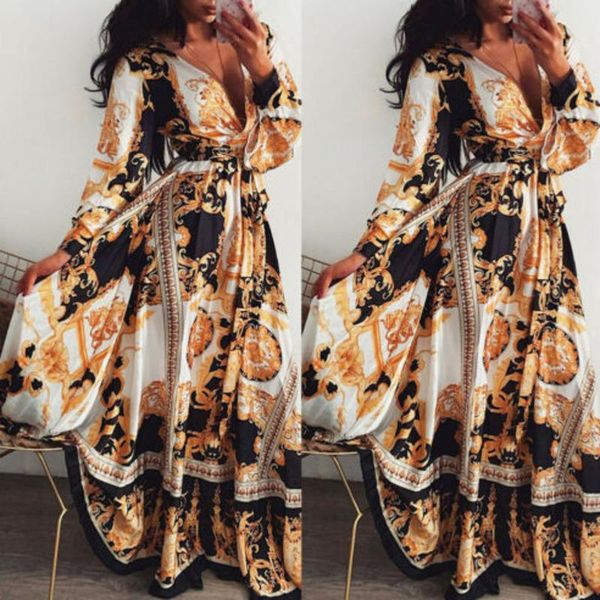 

casual dresses women boho wrap summer long dress holiday maxi loose sundress floral print v-neck sleeve elegante cocktail party, Black;gray