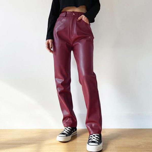 

women's pants & capris women pu faux leather vintage cargo black high waist pant pockets fashion straight trousers streetwear autumn, Black;white