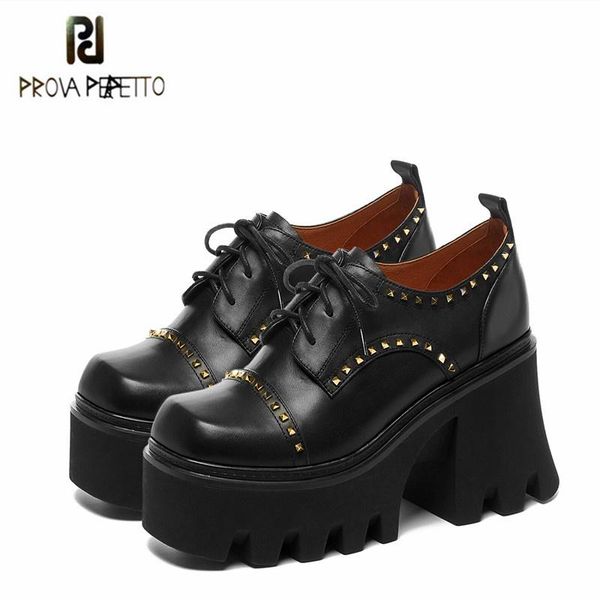 

prova perfetto rivet lace up genuine leather platform shoes women punk square toe shallow thick bottom woman shoes tennis female, Black