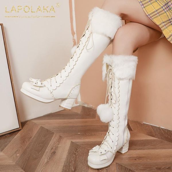 

boots lapolaka 2021 fashion platform sweet bowtie cosplay woman shoes thick heels autumn winter ladies female, Black
