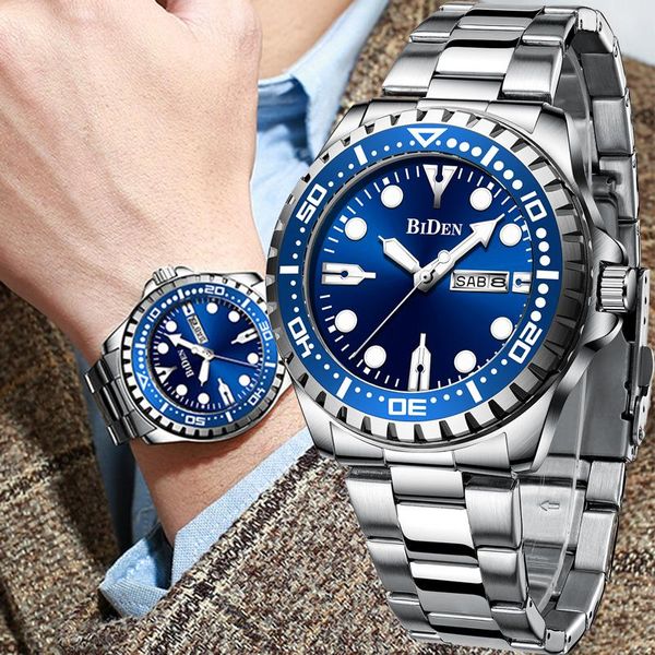 

wristwatches biden 2021 mens sport watch gold full steel quartz watches men date waterproof military clock man relogio masculin, Slivery;brown