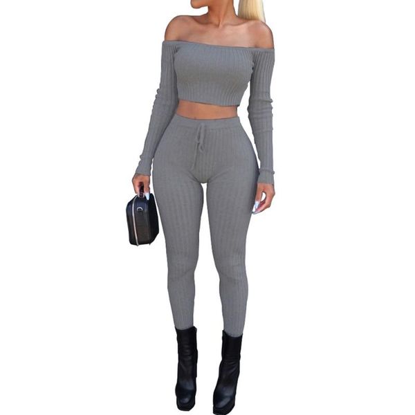 

women's tracksuits skinny women clothes set off shoulder crop and pants spring 2 piece bodycon casual outfit fashion suit d90722, Gray